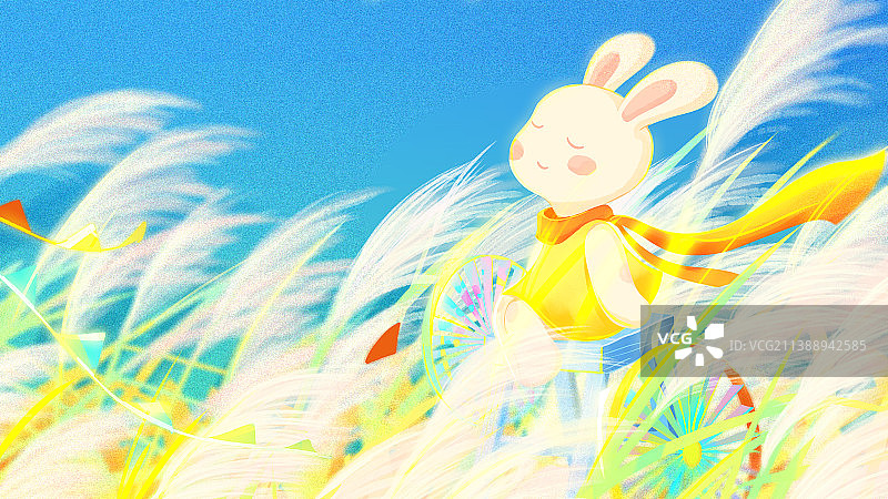 兔年十月风中芦苇花小兔子金色系列插画图片素材