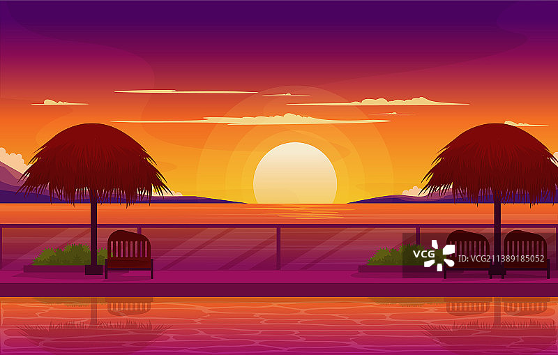 美丽的日落度假小屋游泳池巴厘岛图片素材