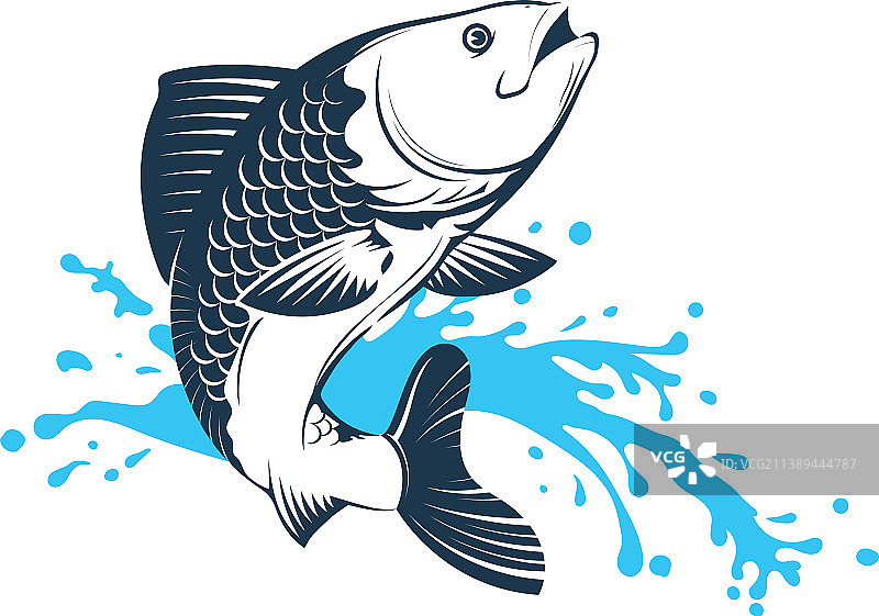 鱼在一个蓝色的波浪上跳跃，象征钓鱼图片素材