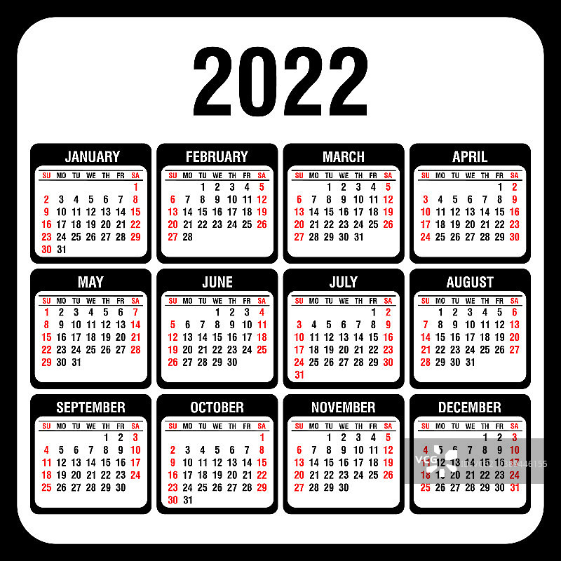 日历2022年年度一周从周日开始图片素材