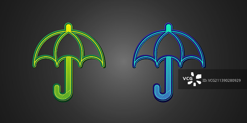 绿色和蓝色的雨伞图标孤立在黑色上图片素材