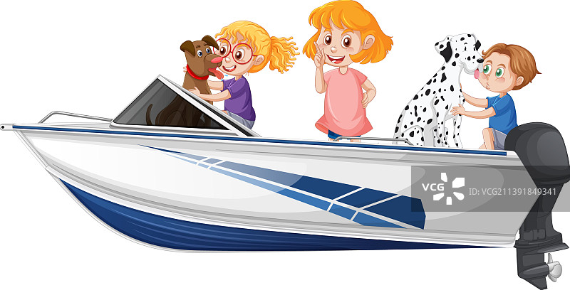 男孩和女孩站在一艘快艇上图片素材