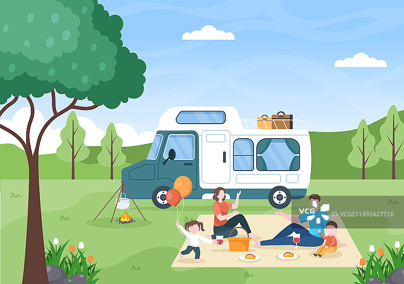露营车的背景与帐篷露营车和图片素材