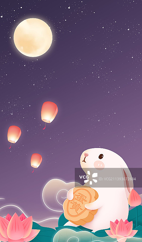 中秋节，玉兔抱着一个月饼在赏月的竖版插画图片素材
