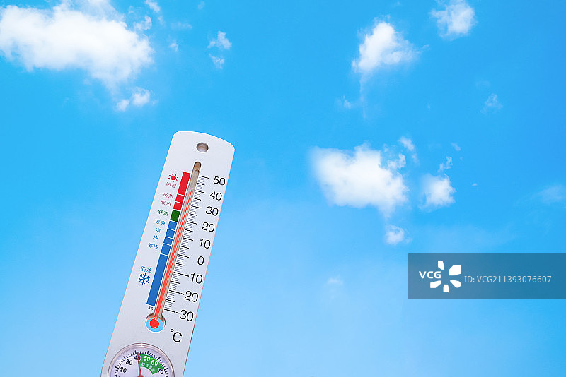 蓝天白云背景下显示40度的温度计,夏季高温炎热酷暑环境保护概念图片图片素材