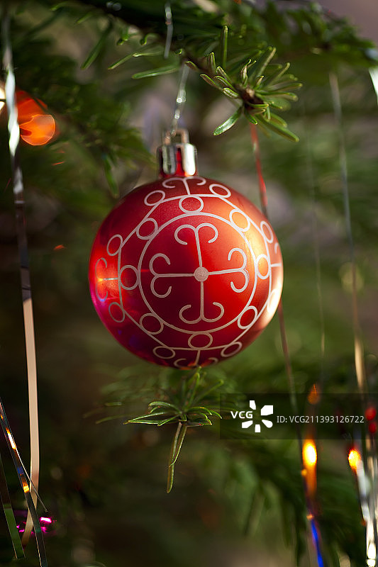 圣诞装饰挂在树上的特写图片素材