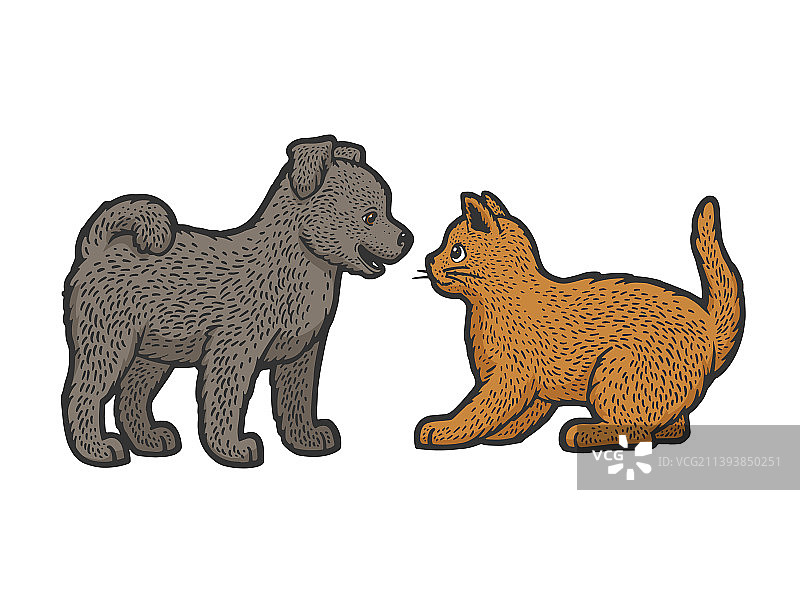 小狗和小猫线艺术彩色素描图片素材