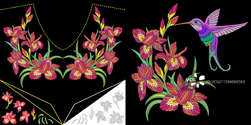 刺绣蜂鸟和鸢尾花图片素材