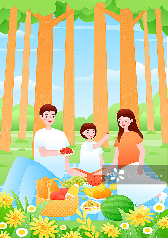 公园中家人在草地上野餐露营郊游矢量插画图片素材