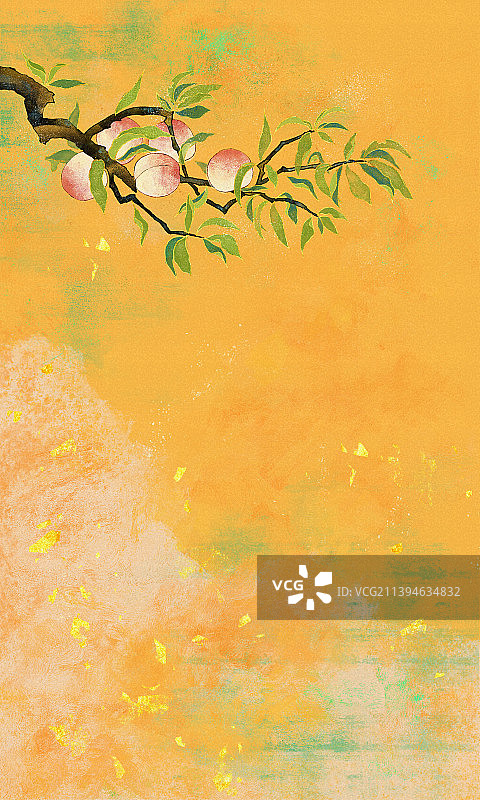 国风岩彩桃子水蜜桃树枝图片素材