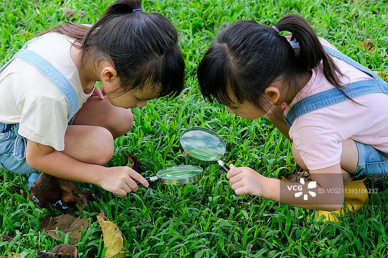 泰国，孩子们用户外放大镜学习和探索自然图片素材
