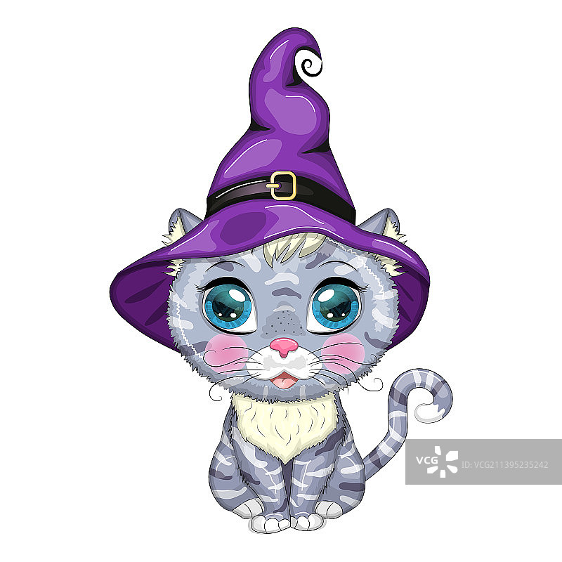 卡通猫戴着紫色女巫帽，拿着扫帚图片素材