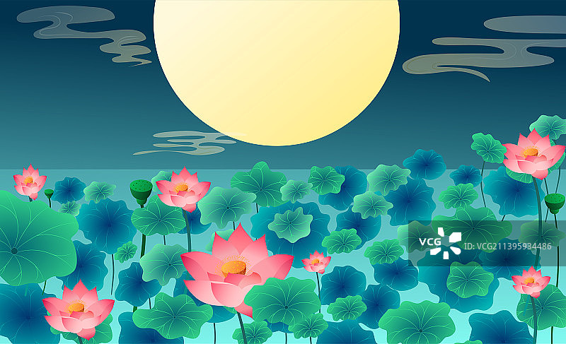 中秋节传统节日 嫦娥兔子在荷叶池中小船上赏月  横幅插图矢量图片素材