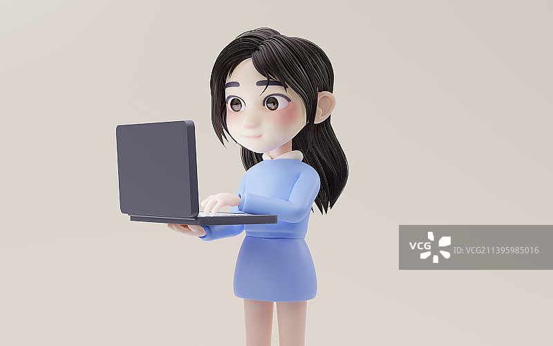 正在用电脑工作的卡通小女孩3D渲染图片素材
