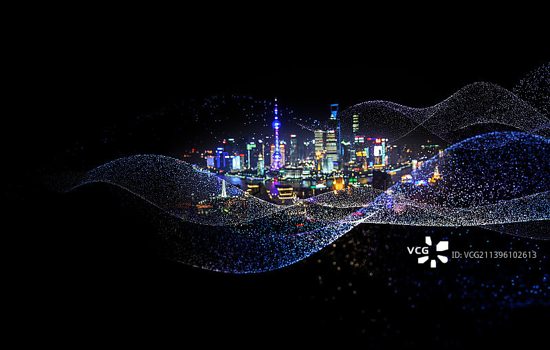 三维粒子波浪与上海城市天际线，幻想未来城市概念图片素材