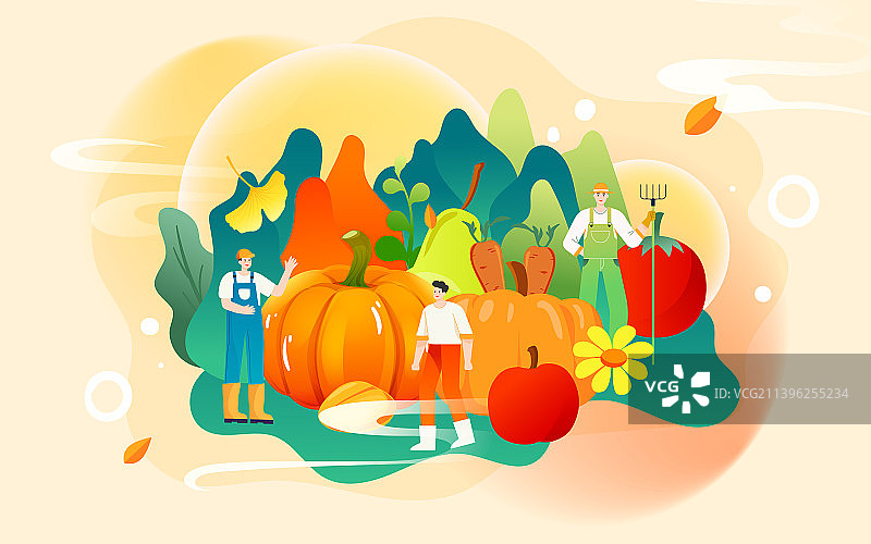 秋天农民收获果实深秋季节风景秋分节气插画图片素材