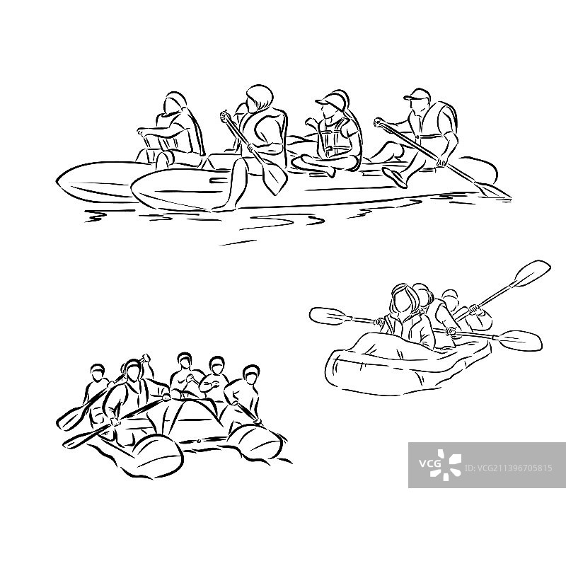 人们在木筏上漂流的手绘图图片素材