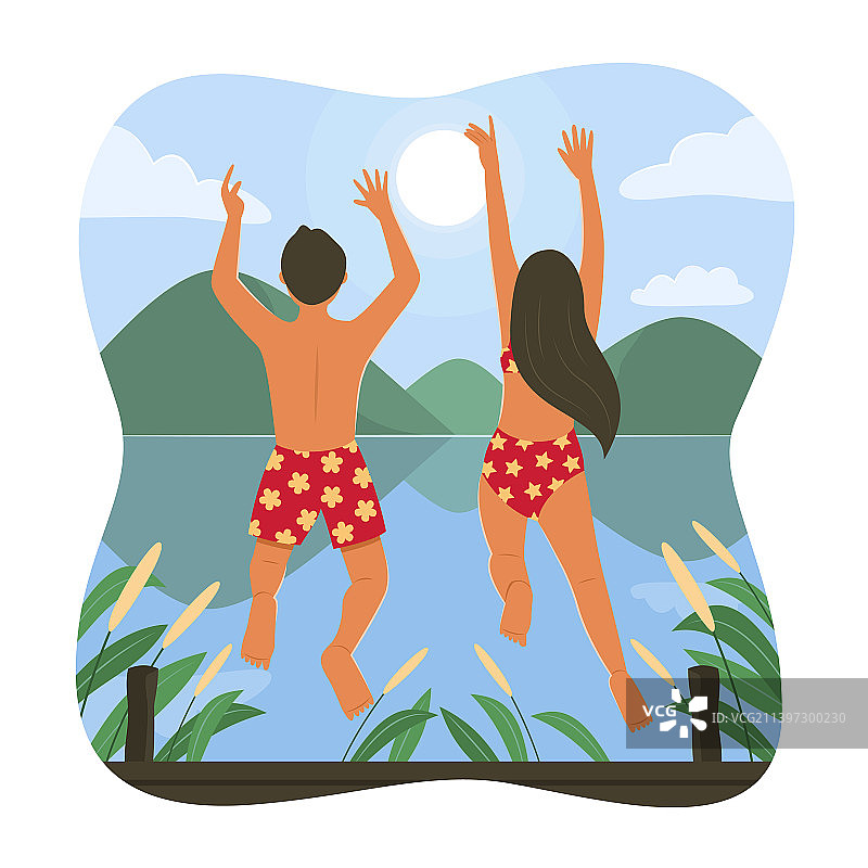 男人和女人在夏天跳进湖里图片素材