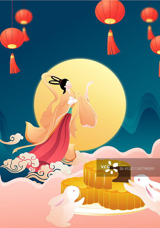 中秋节嫦娥玉兔矢量海报图片素材