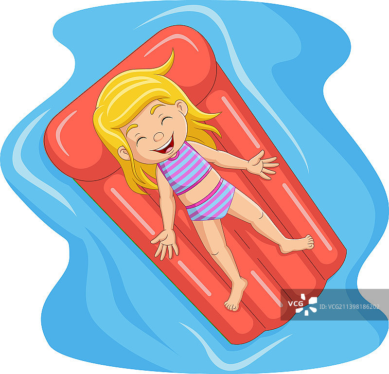 卡通小女孩漂浮在充气床垫上图片素材
