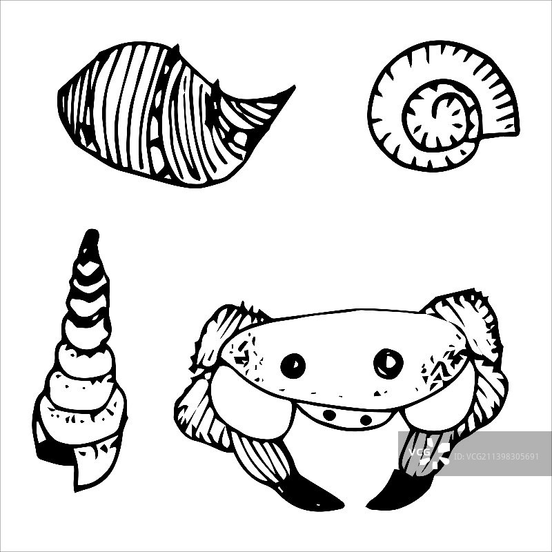 一套螃蟹和贝壳涂鸦图片素材
