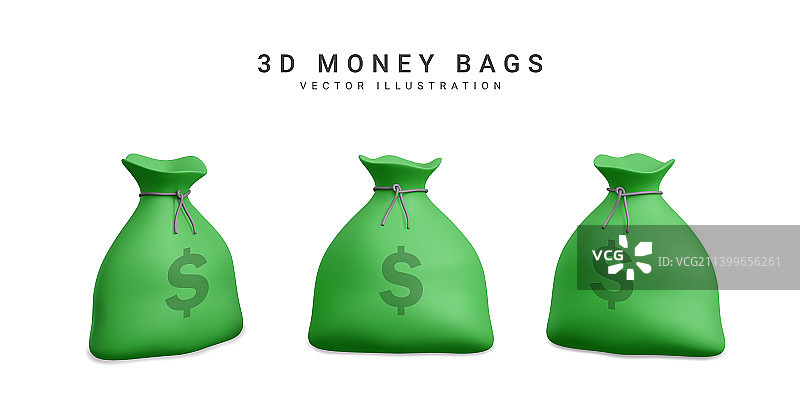 一套金钱袋在3d现实主义风格的业务图片素材