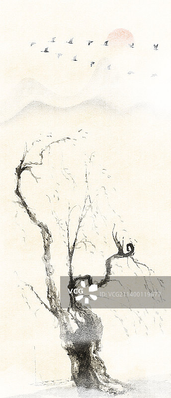 寒冷秋天早晨大雁南飞一颗枯树站在河岸边水墨风景插画图片素材
