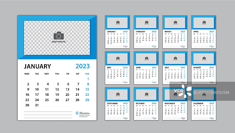 日历2023模板设置在蓝色背景图片素材