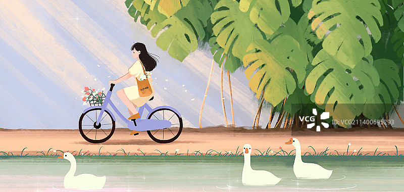 治愈系插画一个女孩在小河边悠闲的骑着自行车图片素材