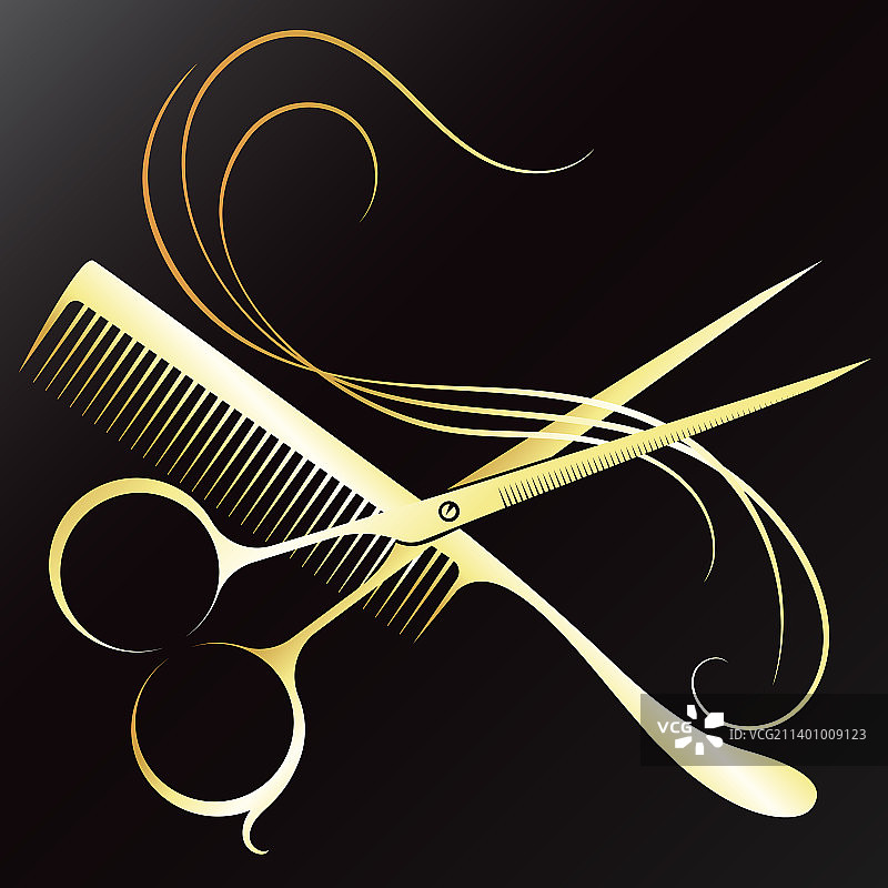 金色的剪刀和带卷发的梳子图片素材