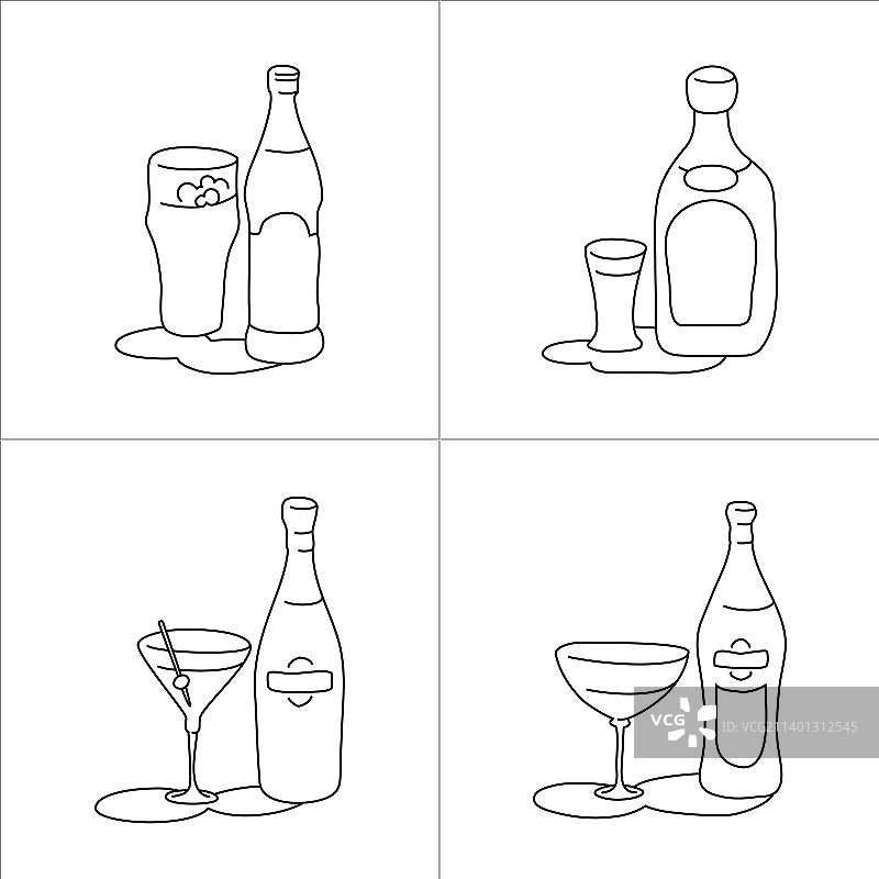 啤酒龙舌兰马提尼苦艾酒瓶和玻璃杯图片素材
