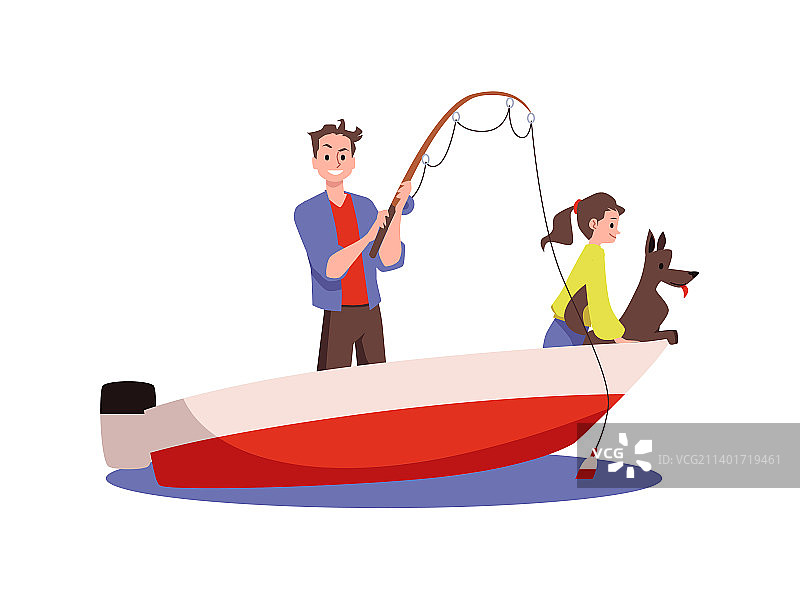 可爱的家庭和狗在船平钓鱼图片素材