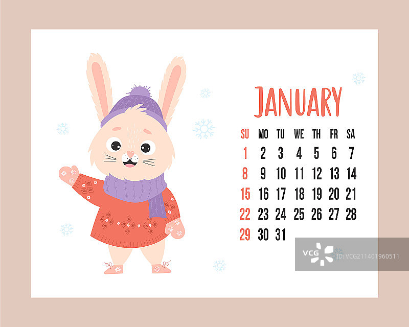 2023年1月日历可爱的冬季兔子图片素材