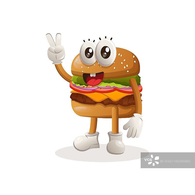 可爱的汉堡吉祥物设计与和平之手图片素材