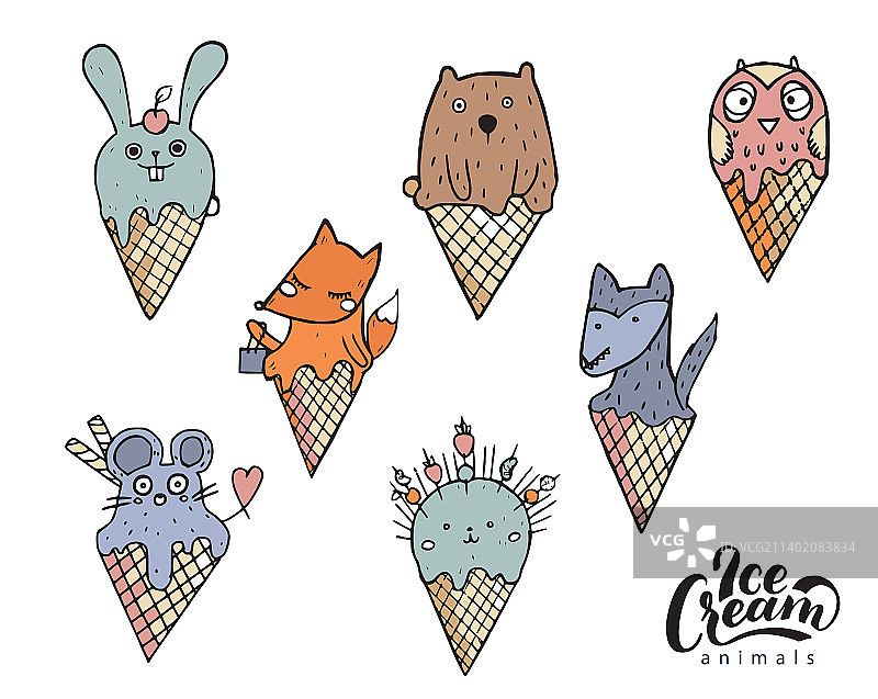 冰淇淋里的一组有趣的动物图片素材