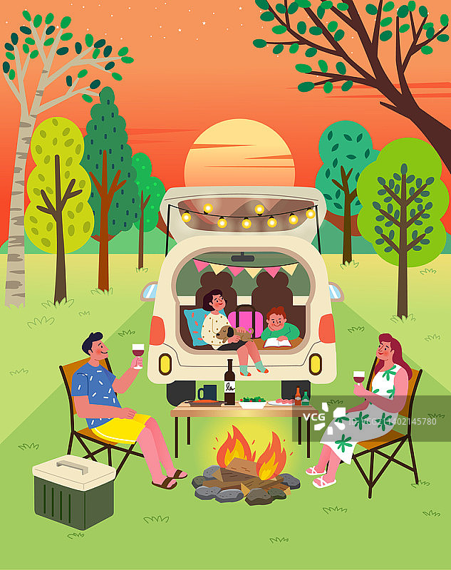 向量插图的家庭享受野营与篝火图片素材