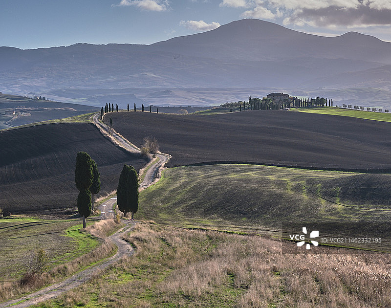意大利托斯卡纳，天空映衬下的田野风景图片素材