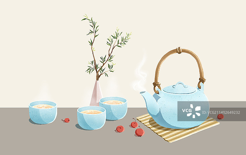 茶具茶杯插画花瓶绿植节气壁纸横图片素材
