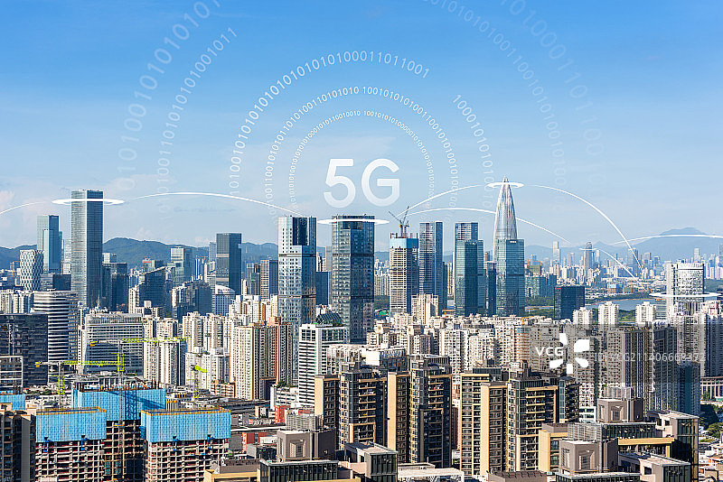 深圳湾区城市天际线风光和5G智慧城市概念图片素材