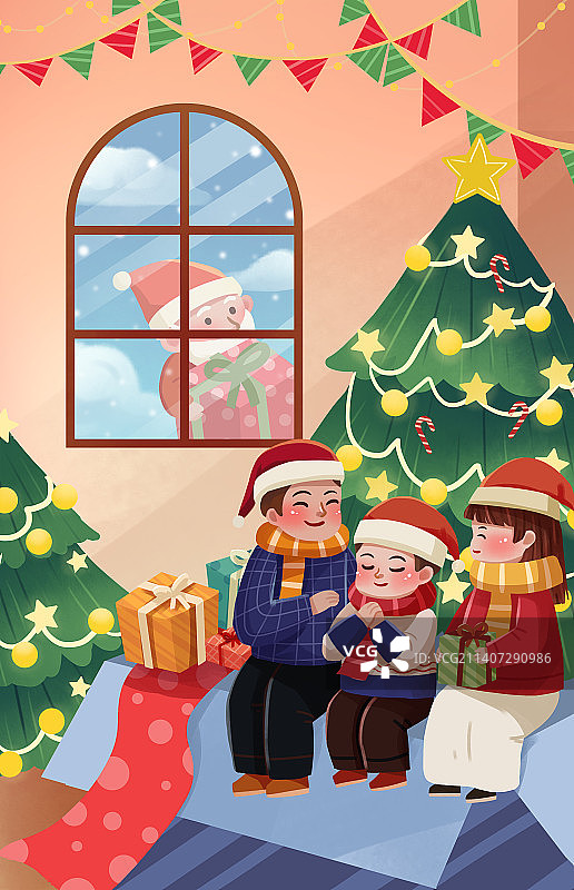圣诞节一家人圣诞树礼物插画图片素材