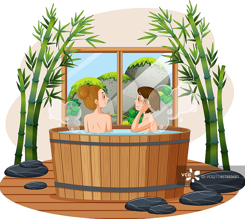 在木制热水浴池里的女人图片素材