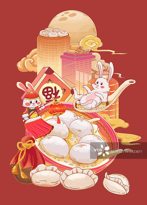 春节饺子兔年汤圆建筑团圆酒图片素材