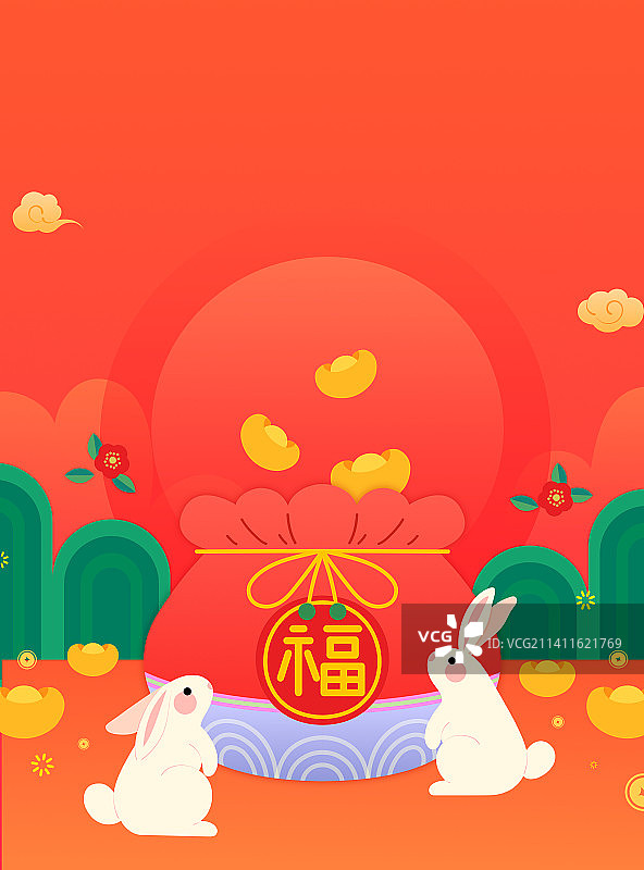 2023年兔年福兔迎春新年红色福袋插画图片素材