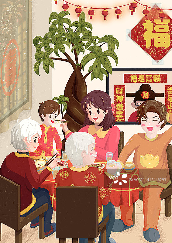 新年气氛一家人一起吃年夜饭图片素材