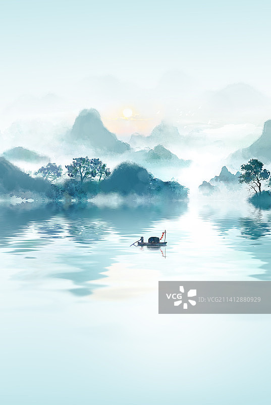中国风水墨山水画背景水彩画意境风景插画图片素材