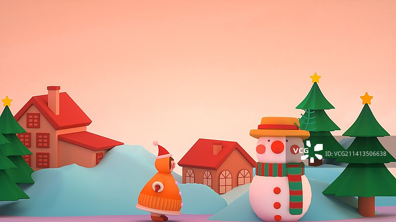 圣诞节圣诞帽女孩雪人松树雪山礼物场景图片素材