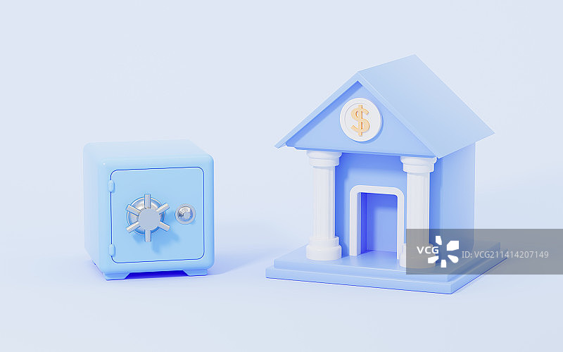 保险箱与卡通银行3D渲染图片素材