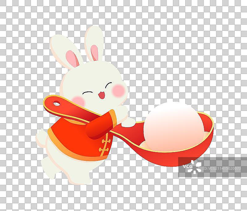 白色兔子手拿勺子舀汤圆插画图片素材