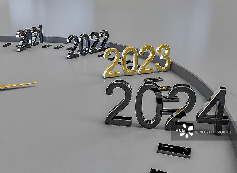 灰色背景的2023年年轮时钟表特写图片素材