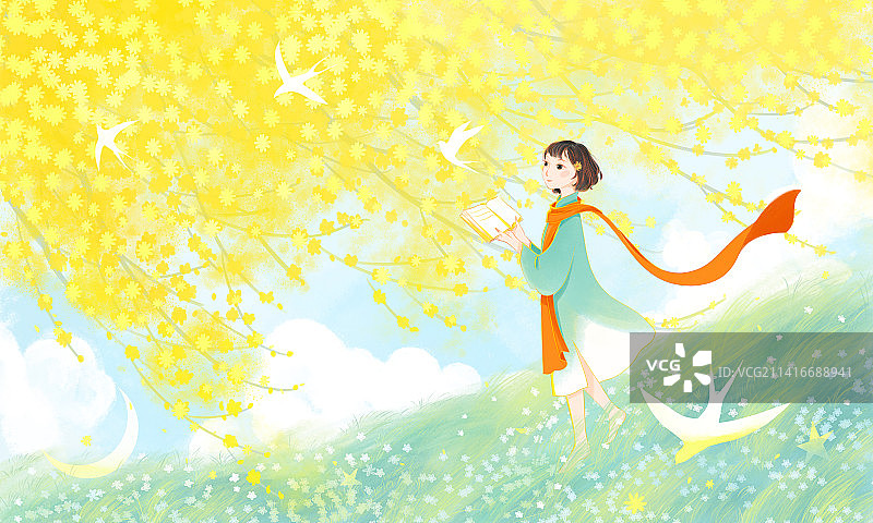 春天黄色花丛草地少女读书飞鸟插画图片素材